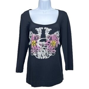 Just‎ Cavalli Size 44 US 8(M) Black Graphic Pink Yellow Graphic Long Sleeve Top